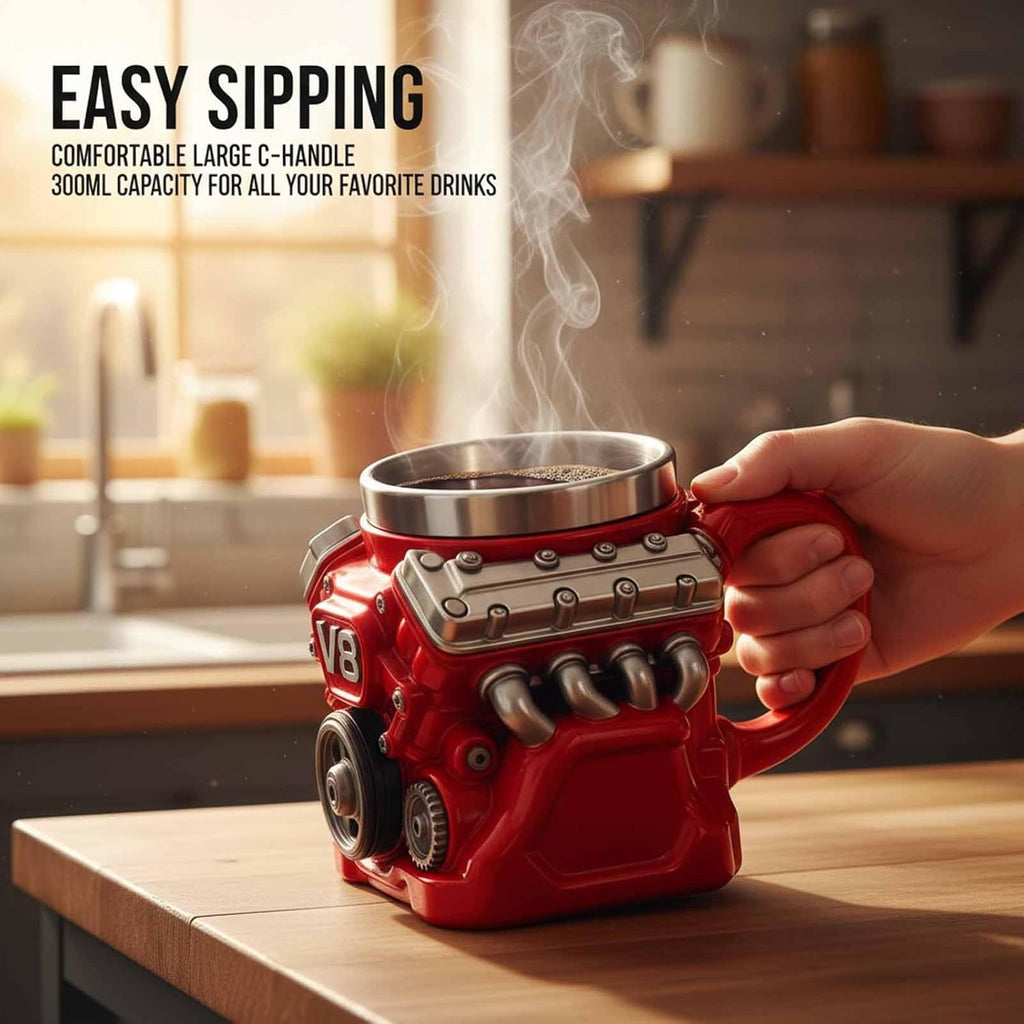 🔥🌟Engine-themed coffee mug, realistic V8 engine stainless steel mug