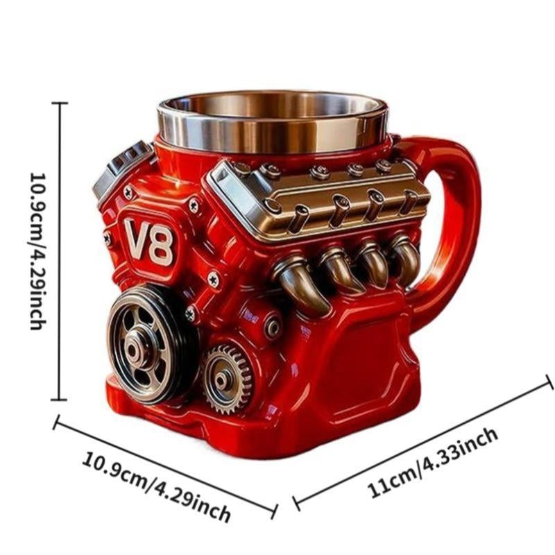 🔥🌟Engine-themed coffee mug, realistic V8 engine stainless steel mug