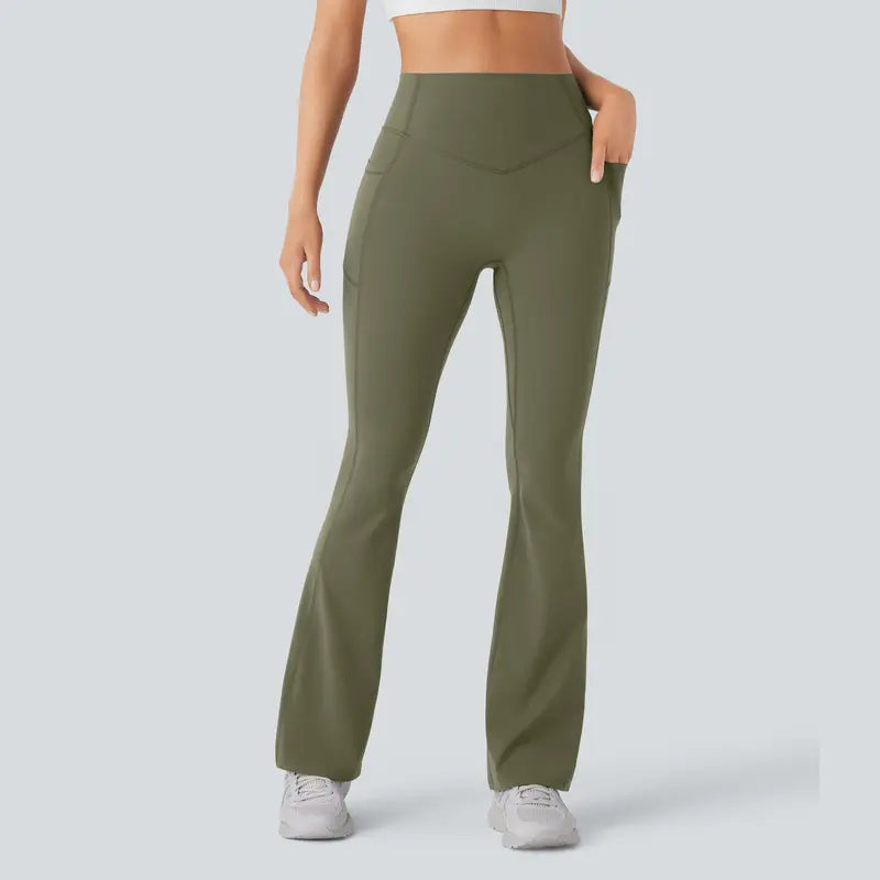 High-Rise Flare Pants with Pleated Hips, Tummy Control, and Side Pockets