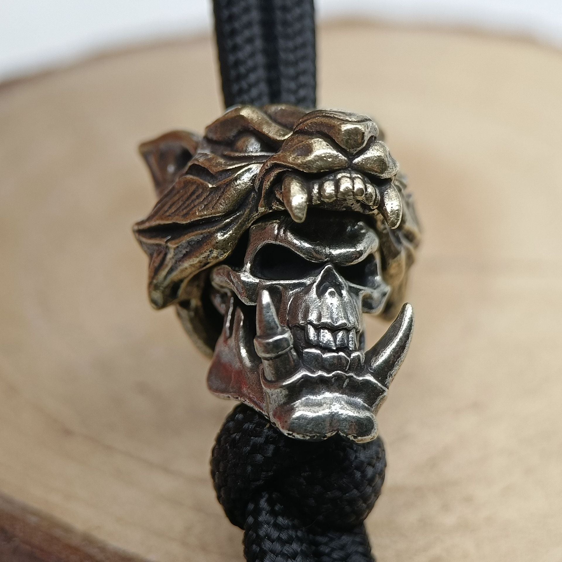 Handcrafted Brass Samurai Skull Lanyard Bead – Paracord/Knife/EDC Keychain Bead