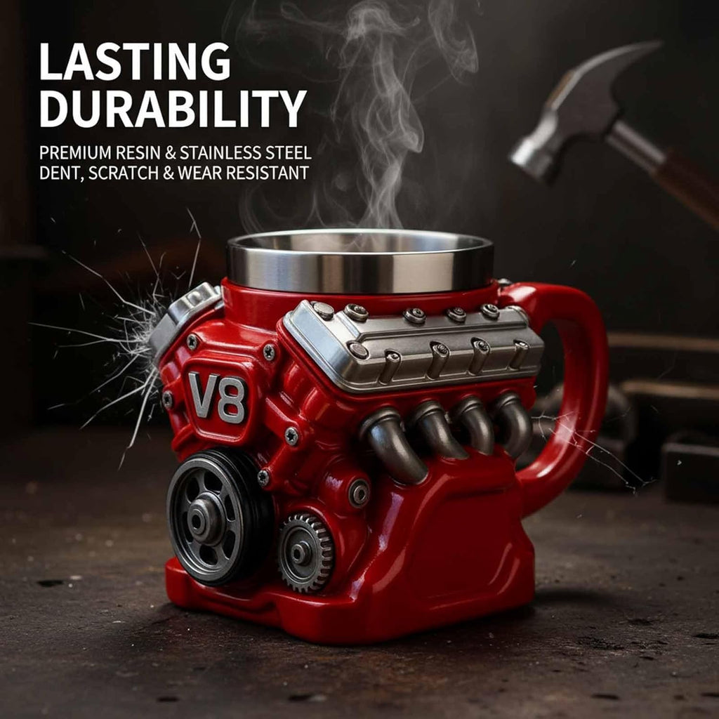 🔥🌟Engine-themed coffee mug, realistic V8 engine stainless steel mug