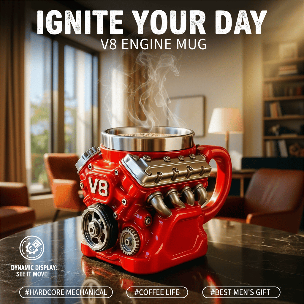 🔥🌟Engine-themed coffee mug, realistic V8 engine stainless steel mug