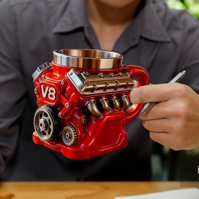 🔥🌟Engine-themed coffee mug, realistic V8 engine stainless steel mug